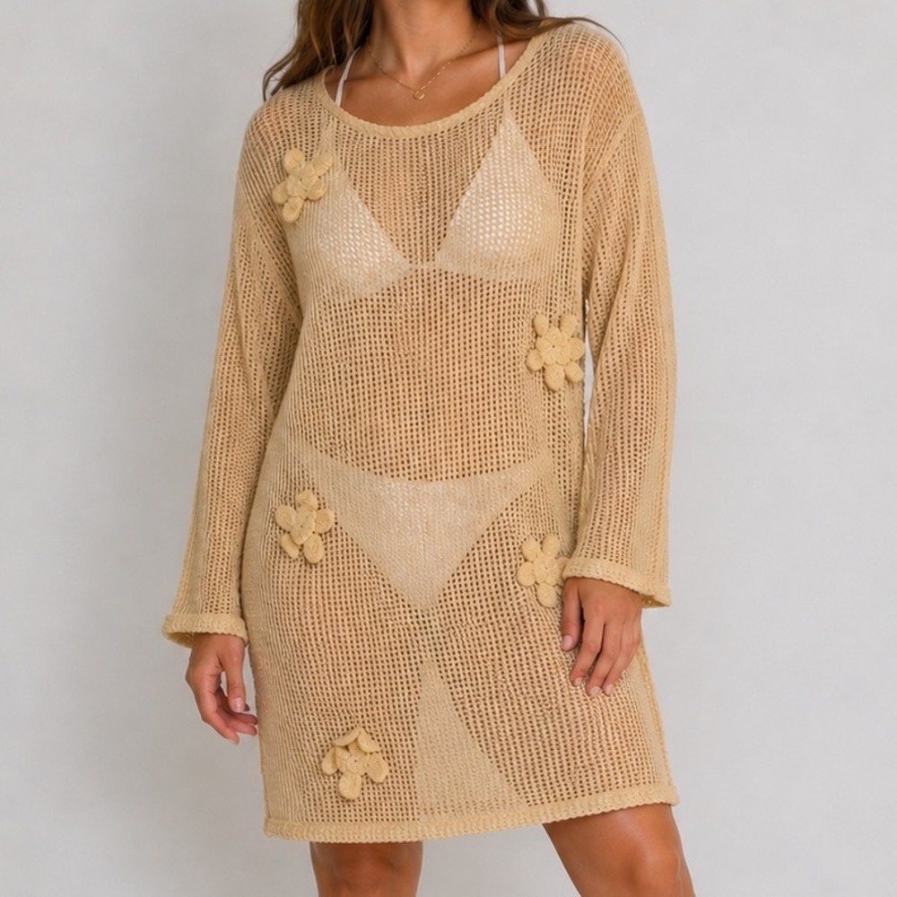 Mynah Swim Cover Up XXL NWT Waffle Knit Floral Appliqué Beach Tunic Boho Resort